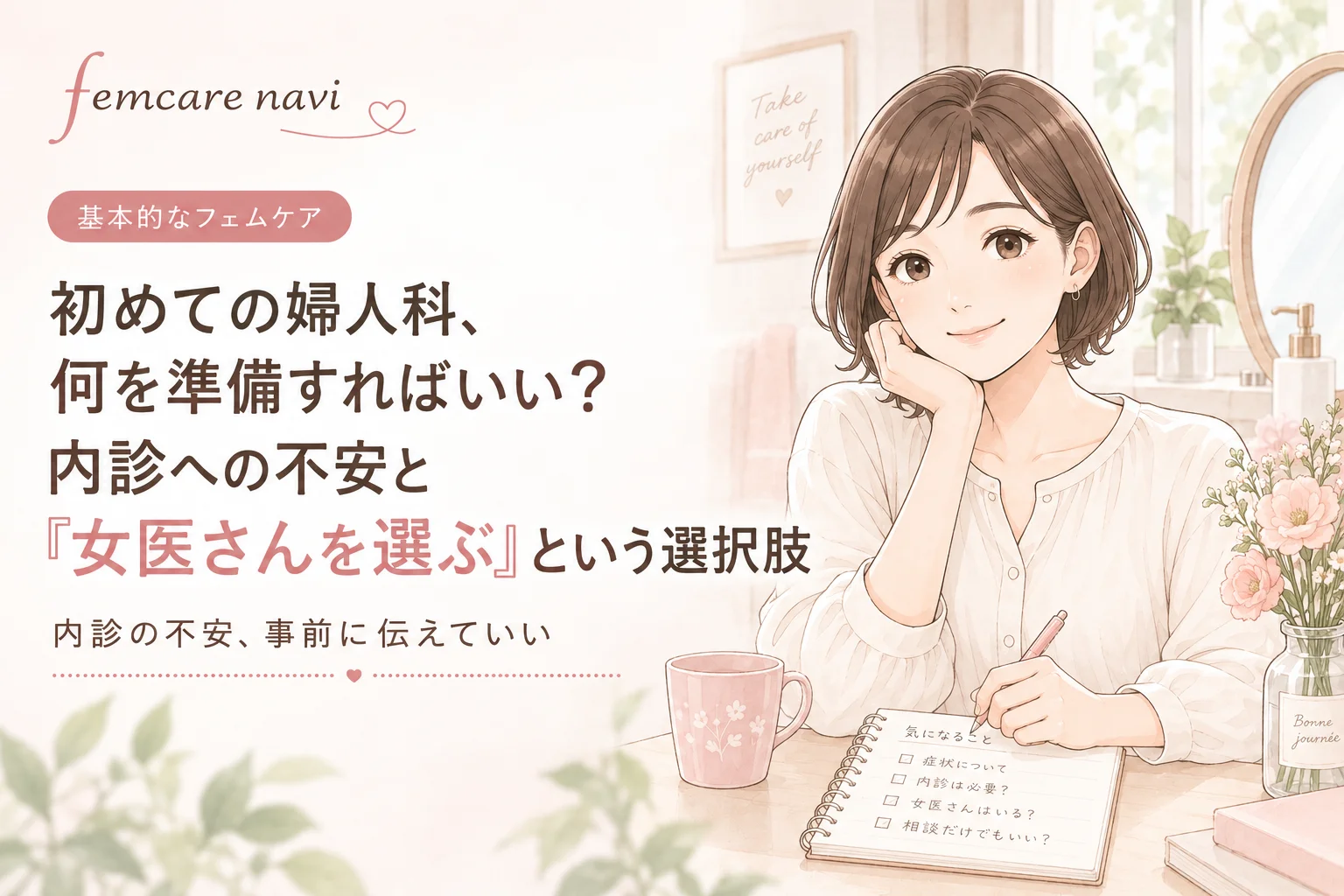 初めての婦人科、何を準備すればいい?内診への不安と「女医さんを選ぶ」という選択肢のイメージ
