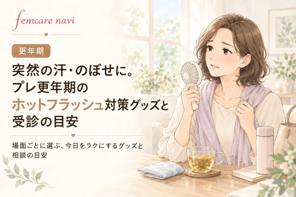 突然の汗・のぼせに。プレ更年期のホットフラッシュ対策グッズと受診の目安のイメージ