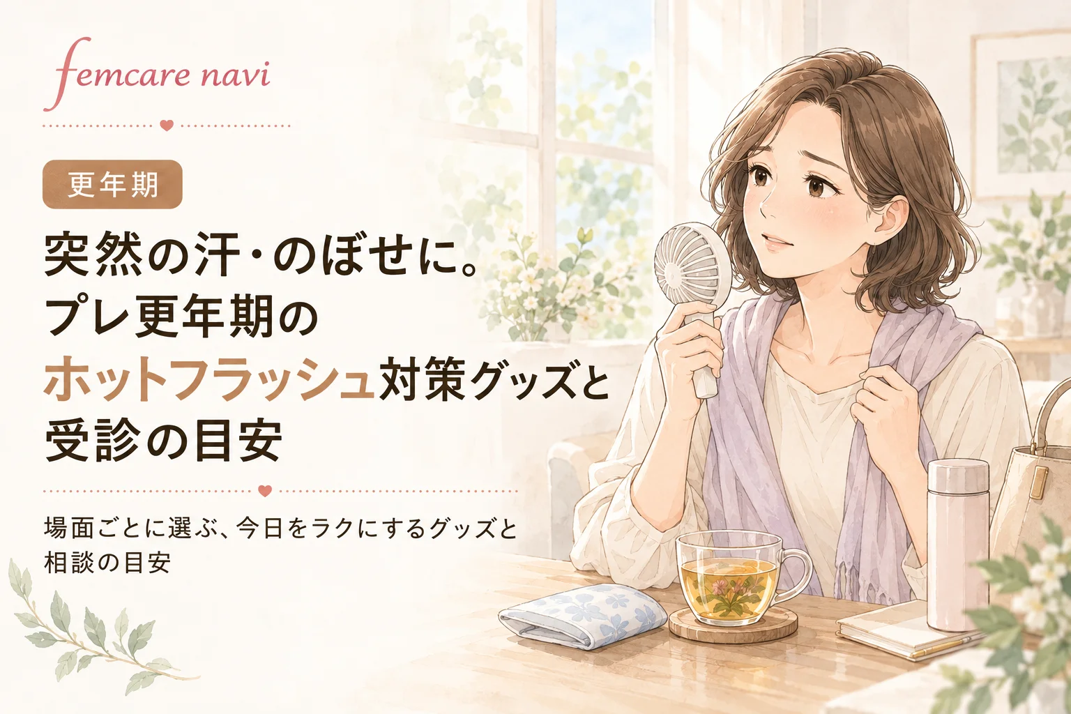 突然の汗・のぼせに。プレ更年期のホットフラッシュ対策グッズと受診の目安のイメージ